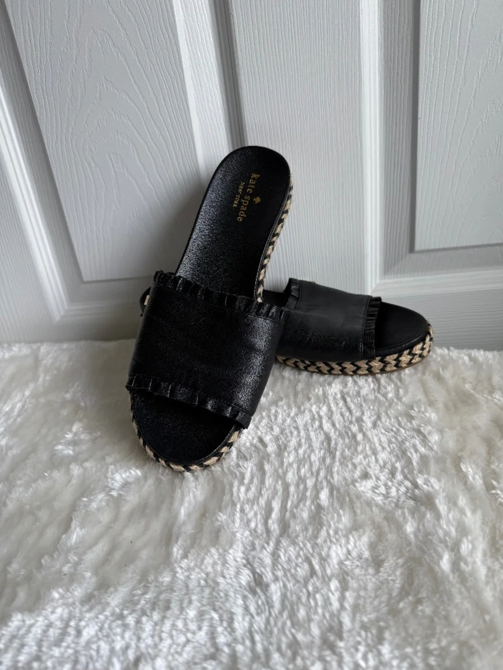 Kate Spade Zahara Black Leather Ruffle Espadrille Slide Sandals Size 9